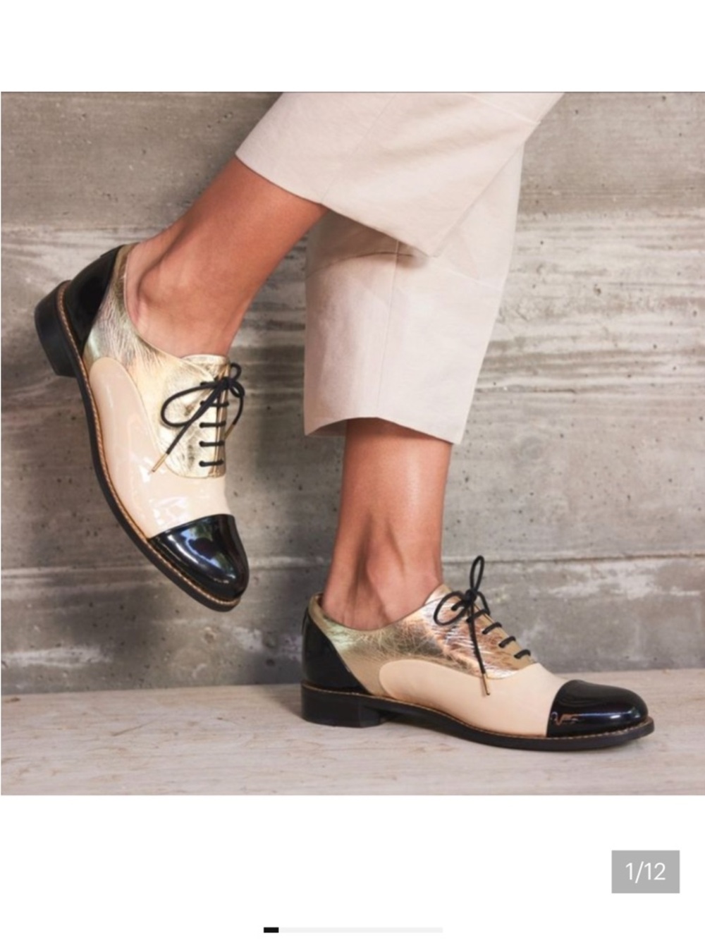 Women's Two-Tone Metallic Cap-Toe Oxford Flats - Beige & Gold